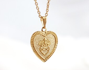 sacred heart necklace // silver or gold filled . flaming heart necklace . ex voto religious necklace . miraculous medal necklace