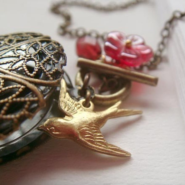 raspberry bloom . filigree locket necklace .