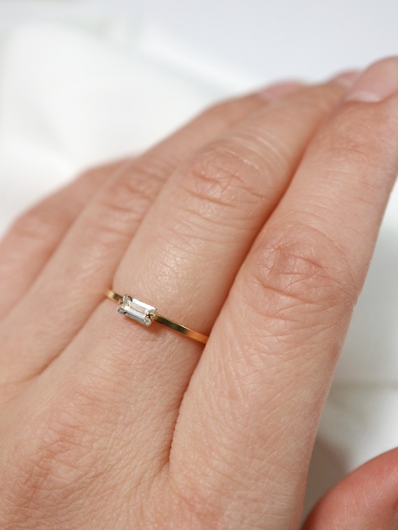 Tiny Baguette Ring Silver or Gold Filled . Baguette Stacking