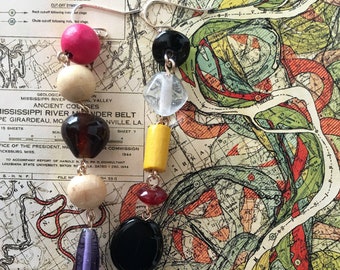 Awry - asymmetrical bead earrings, dangle earrings, multi-bead links, long and colorful