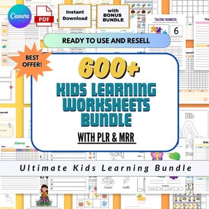 Kids Learning Worksheets Bundle, Educational Printables, Fun Activities, Coloring,Tracing, Planners & More, PLR and MRR, Learning Activities