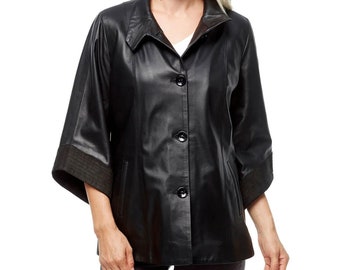 Tess Loose Women’s Black Leather Baggy Coat, Women Leather Jacket, Black Leather Jacket Women Black Leather Loose Shirt, Gift For Her