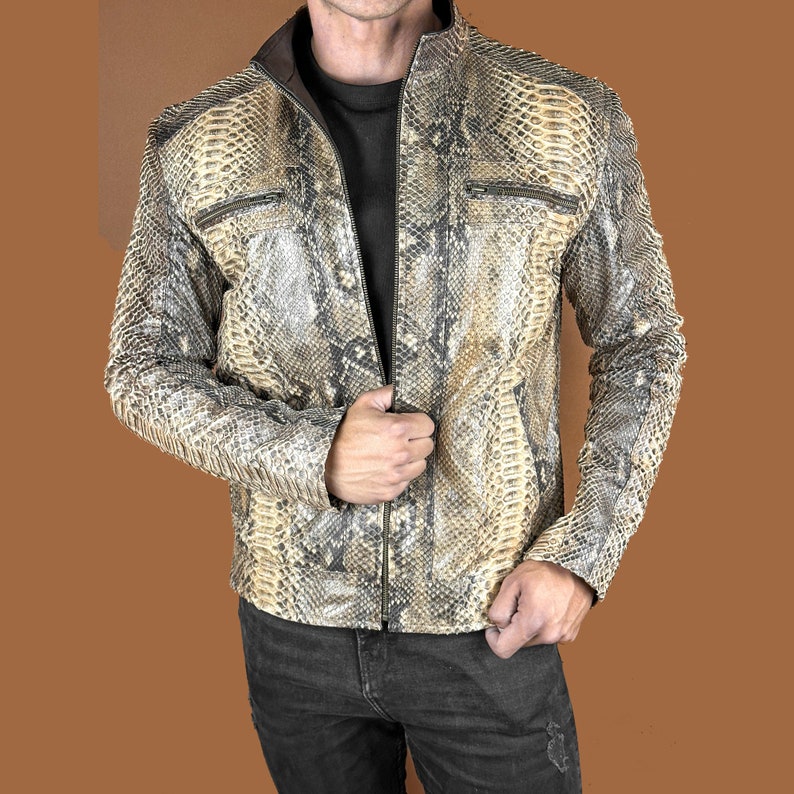 Brown Python Embossed Leather Jacket, Men's Luxury Motorcycle Python ...