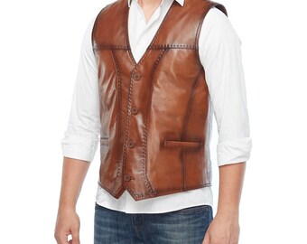 Handmade Men Hunt Club Leather Vest, Men’s Distressed Brown Leather Vest, Stylish Biker vest Motorbike Leather Vest, Gift For Dad