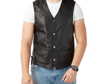 Men Utility Vest Genuine Cowhide Leather Vest,  Men’s 100% Real Black Leather Biker Style Vest, Hunting Vest Stylish Black, slim fit vest