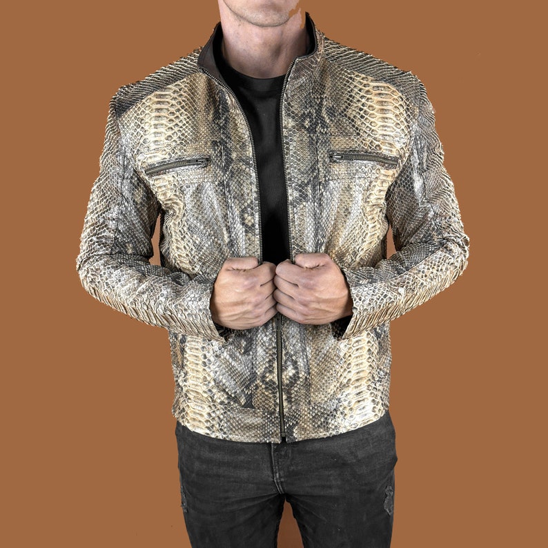 Brown Python Embossed Leather Jacket, Men's Luxury Motorcycle Python ...