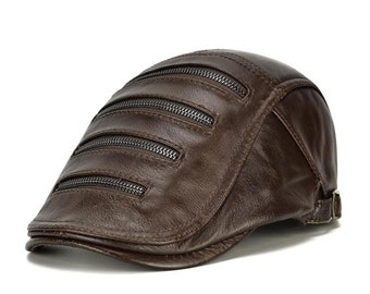 Northwood Men's Genuine Leather Beret Hat, Cowhide Autumn Winter Berets Warm Peaked Cap For Men