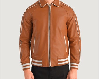 Men's Tan Brown Leather Varsity Jacket Brown Leather Racer Jacket leather jacket men, vintage leather leather jacket, Gift For Him