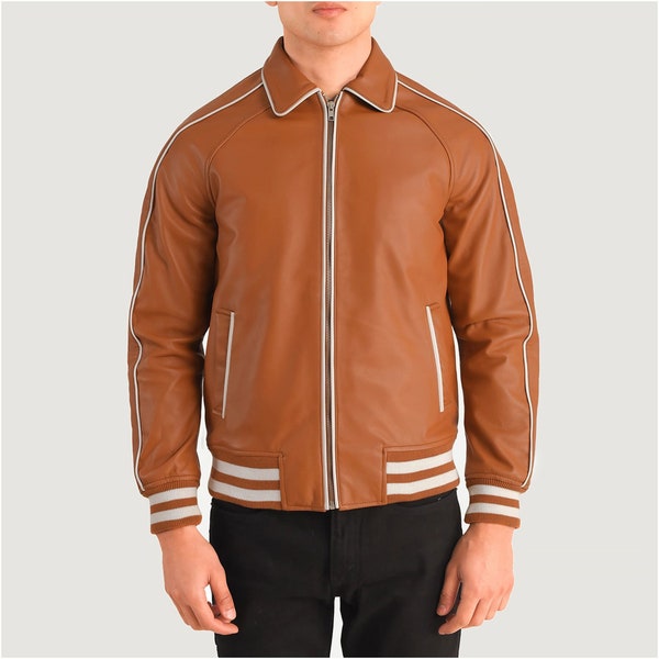 Men's Tan Brown Leather Varsity Jacket Brown Leather Racer Jacket leather jacket men, vintage leather leather jacket, Gift For Him