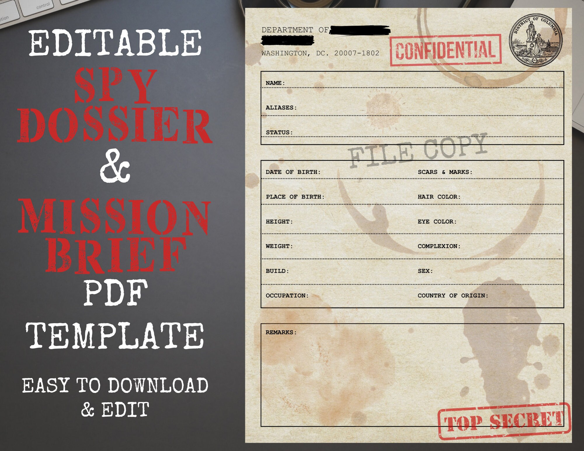 Editable Spy Dossier Mission Brief PDF Template Digital Download Editable Spy Dossier Mission Brief PDF Template Digital Download