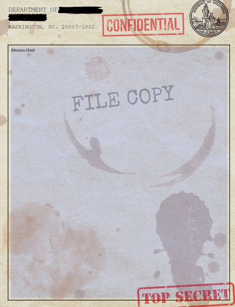 May include: A confidential document with the text "FILE COPY" and "TOP SECRET" stamped on it. The document has a faded background with coffee stains.