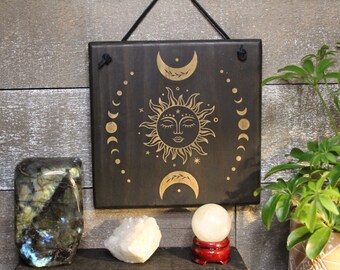 Celestial Wood Sign Boho Sun Art Boho Wall Art Sun Decor Gift for her Handmade Moon sun decor Magical Wood Sign Witchy Decor Lunar Wood Sign