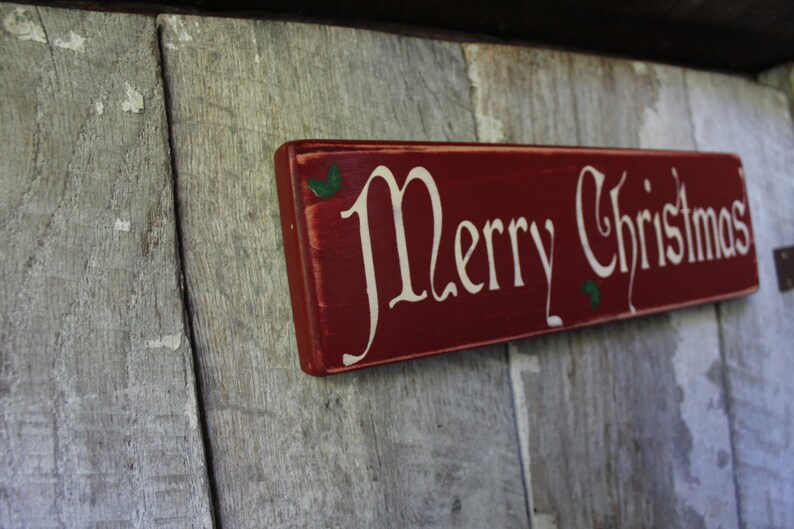 Primitive Wood Sign Merry Christmas With Holly Cabin Country Etsy