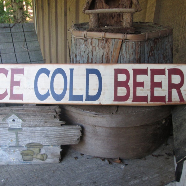 Ice Cold Beer Wood Sign Beer Sign Bar Decor Man Cave Outdoor Decor Rustic Decor Red White Blue Patio Bar Decor Hippie Decor Garage Sign