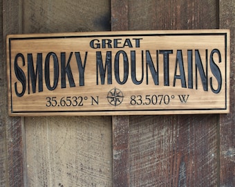 Great Smoky Mountains Wood Sign Longitude & Latitude Sign Cabin Decor Wall Decor Smoky Mountain Sign Housewarming Gift porch decor