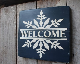 Welcome Snowflake Wood sign Winter Welcome Sign Snowflake Sign Blue Welcome Sign Entryway Decor Porch Decor Primitive Wood Sign