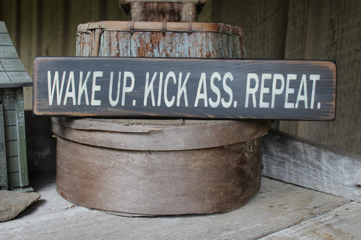 WAKE UP KICK ASS TODAY Funny Motivational Decor Rustic Wood Sign Farmhouse 