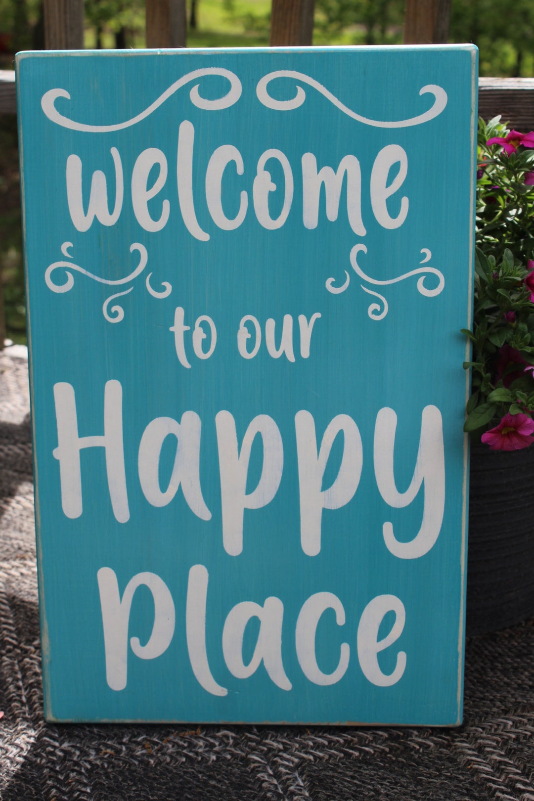 Primitive Wood Sign to Our Happy Place Beach Colors Patio Porch