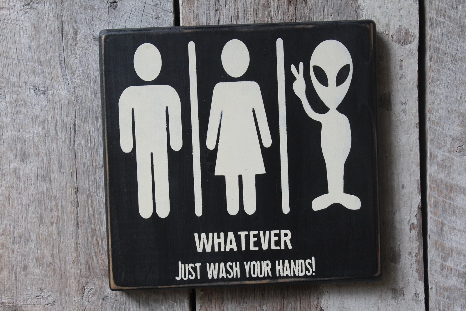 Restroom Sign Male Female Alien Wood Sign Whatever Just Wash - Etsy