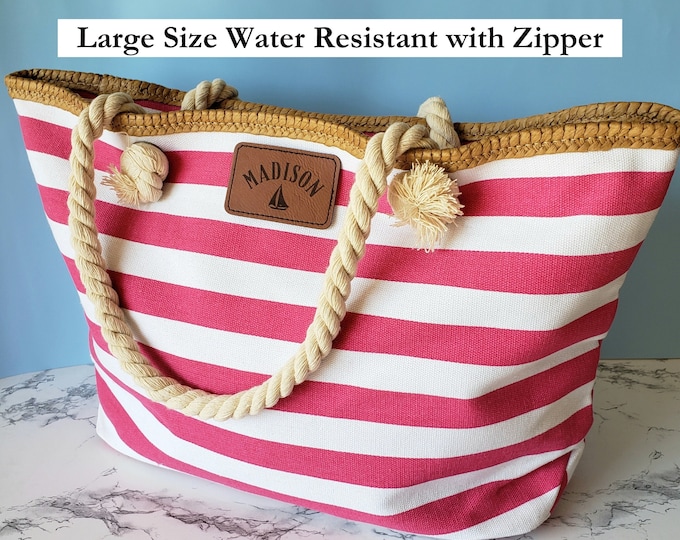 Personalized Monogram Canvas Beach Tote Bag Boat Tote with Zipper Custom Bag with Leather Patch Monogram Large Nautical Bag Gift for Friend