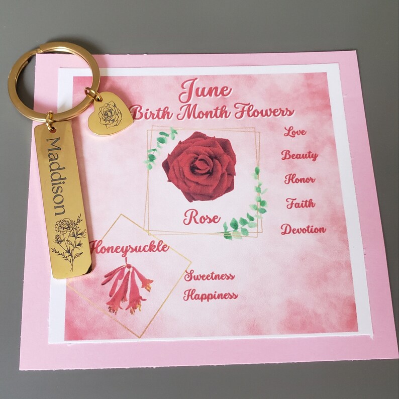 Gift For Daughter Rose Gold Keychain Personalized and Birth Flower Card