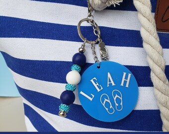 Personalized Beach Bag Charm: Acrylic Name Tag, Beaded Keychain
