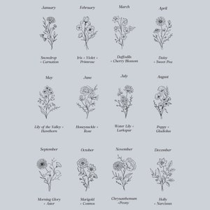 May include: A black and white illustration of a bouquet of flowers for each month of the year. The flowers are labeled with their common names and the month they bloom in. January: Snowdrop + Carnation, February: Iris + Violet + Primrose, March: Daffodils + Cherry Blossom, April: Daisy + Sweet Pea, May: Lily of the Valley + Hawthorn, June: Honeysuckle + Rose, July: Water Lily + Larkspur, August: Poppy + Gladiolus, September: Morning Glory + Aster, October: Marigold + Cosmos, November: Chrysanthemum + Peony, December: Holly + Narcissus.