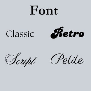 May include: Four different font styles are shown: Classic, Retro, Script, and Petite. The word "Font" is at the top of the image.