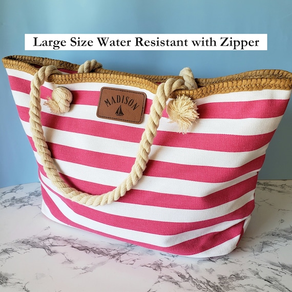 Personalized Monogram Canvas Beach Tote Bag Boat Tote with Zipper Custom Bag with Leather Patch Monogram Large Nautical Bag Gift for Friend