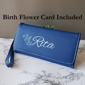 Regalo de aniversario personalizado para esposa 3er regalo de aniversario de boda cartera de mujer personalizada flor de nacimiento pulsera de cuero regalo mujeres cartera grabada