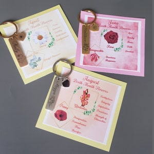 Birth Month Bouquet Keychain Custom Name Engraved Heart Keychain