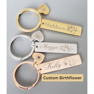 Birth Month Bouquet Keychain Custom Name Engraved Heart Keychain Gift For Daughter Rose Gold Keychain Personalized and Birth Flower Card"