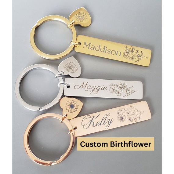 Birth Month Bouquet Keychain Custom Name Engraved Heart Keychain Gift For Daughter Rose Gold Keychain Personalized and Birth Flower Card