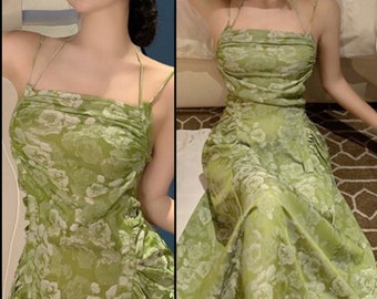 Vestido de deslizamiento floral de pintura al óleo verde, vestido vintage francés, vestido victoriano, vestido de novia, vestido de fiesta, vestido cottagecore, vestido de hadas, vestido de mujer