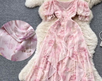 Pink Floral Ruffle Slip Fairy Dress,French Tea Break Dress,Milkmaid Dress,Prom Dress,Princess Dress,Cottagecore Dress,Women Dress,Lady Gifts