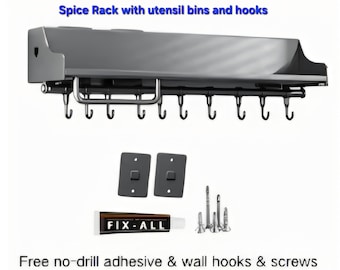 Estante para especias con soporte para utensilios y ganchos.
