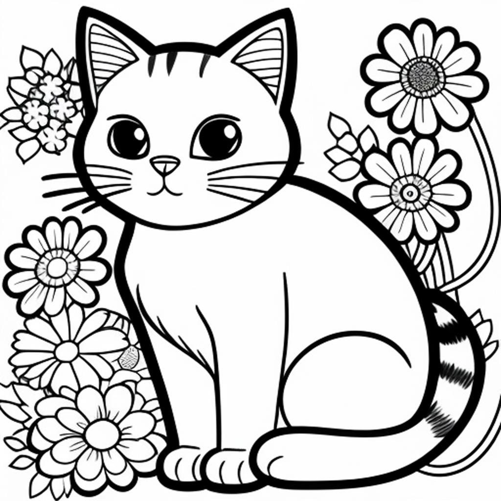 Cat Coloring Page With Flowers - Etsy