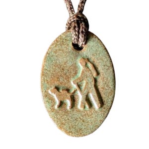 Girl and Dog Hikers Backpackers Necklace Pendant Gift Turquoise