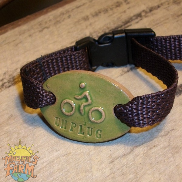 New! Maggie's Farm Expression Bracelet Green "UNPLUG" Bicyclist