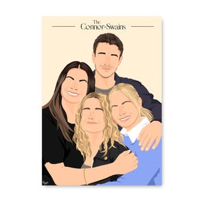 Puede incluir: Ilustración digital de una familia de cuatro, sonriendo y abrazándose. La obra de arte presenta un fondo beige claro con el texto "The Connor-Swains" en la parte superior. Los miembros de la familia están representados con rasgos faciales simplificados y visten varios atuendos.