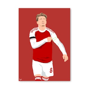 May include: A digital illustration of a soccer player wearing a red and white jersey with long sleeves, white shorts with the number 8 in red, and a captain's armband on the left arm. The player is set against a solid red background.