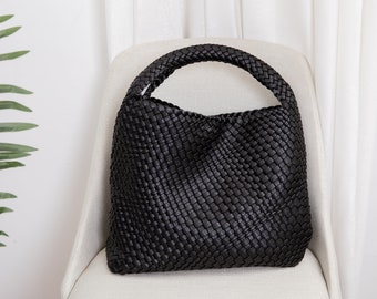 Large Leather Dumpling Bag - Designer Bag, Knot Woven Bag, Large Shoulder Bag, Vegan Leather,Interwoven Leather Purse Clutch Bag