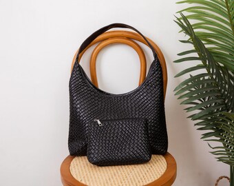 Bolso de bola de masa de cuero - nuevo bolso de diseñador, bolso tejido con nudo, bolso de hombro grande, cuero vegano, bolso de embrague de bolso de cuero entrelazado, regalo para ella