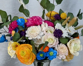 Wildflower Sola Wood Bridal Bouquet, Colorful, Vibrant and Woodsy Wedding Florals