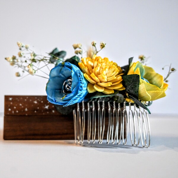 Starry Night Inspired Wood Bridal Comb, Bride Hair Accessories,Floral HairPiece, Eucalyptus, Custom Bridal, Blue Yellow Wedding,Hair Flower