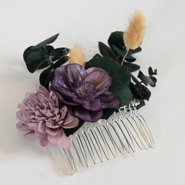 Lavender Bridal Comb, Bride Hair Accessories, Wood Floral Hair Piece, Eucalyptus, Custom Bridal, Purple and White Wedding