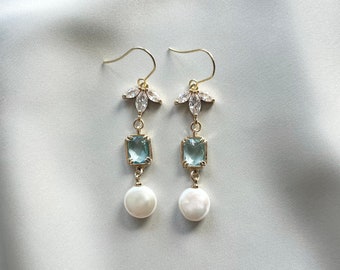 Something Blue Bridal Earrings, Pearl Drop Wedding Earrings, Aquamarine Earrings, Pearl Earrings, Boho, Gift for Bride, Blue Bridal Jewelry