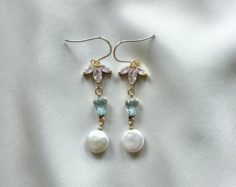 Something Blue Bridal Earrings, Pearl Drop Wedding Earrings, Aquamarine Earrings, Pearl Earrings, Boho, Gift for Bride, Blue Bridal Jewelry