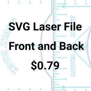 Op de afbeelding: Een witte achtergrond met een blauw en rood ontwerp met afmetingen. De tekst "SVG Laser File Front and Back" wordt in het zwart weergegeven. Het woord "BACK" staat in een blauwe boog en "FRONT" in een verticale blauwe lijn.
