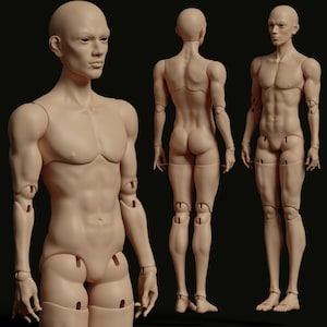 May include: A tan-colored articulated male figure with a smooth, matte finish. The figure is shown in three different poses, showcasing its range of motion. The joints are visible, and the figure has a detailed anatomical structure.